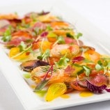 Kobe Beef Carpaccio with Heirloom Tomato and Yellow Tomato Vinaigrette