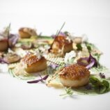 Pan Roasted Diver Scallop With Chive Blossom and Cauliflower and Broccoli Cream