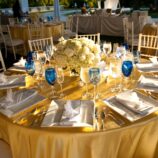 yellow table setting with blue glasses